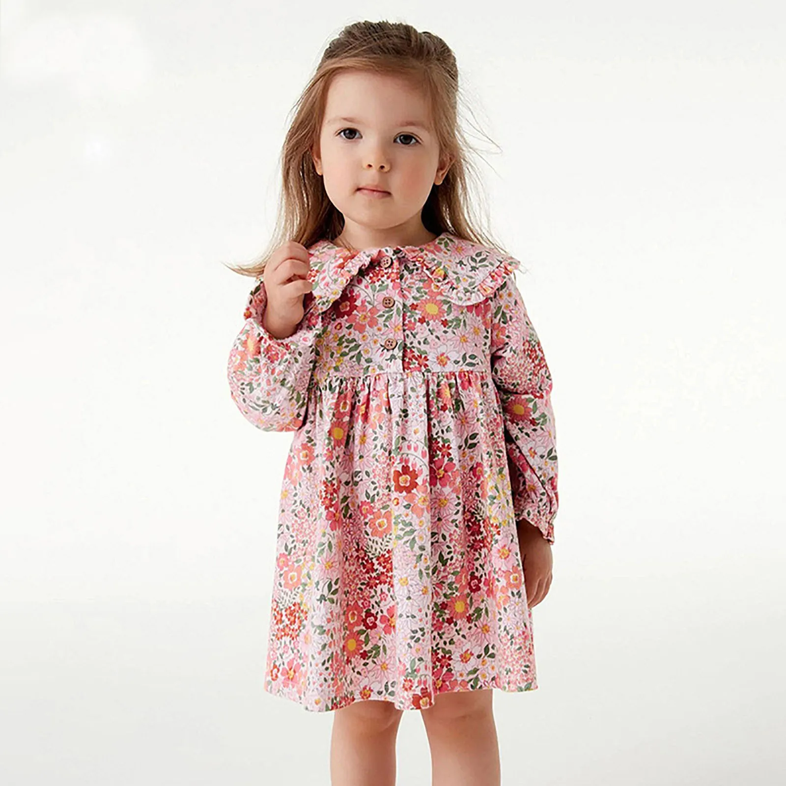

Floral Princess Girls Dresses For 2-7 Years Old Lapel Collar Buttons Long Sleeve Baby Party Clothing Flower Print Birthday Dress