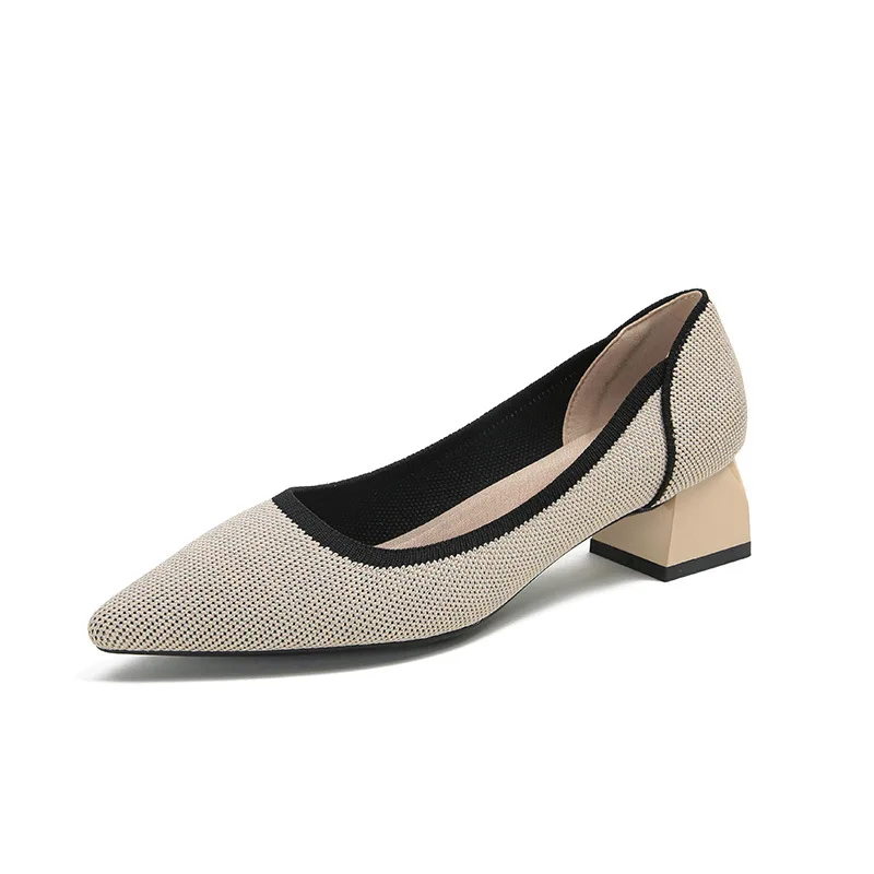 2022 New Knitted Women's Shoes Pointed Toe Knitted Pumps Female Casual Middle Heel Shoes Breathable Square Heel Pumps Female