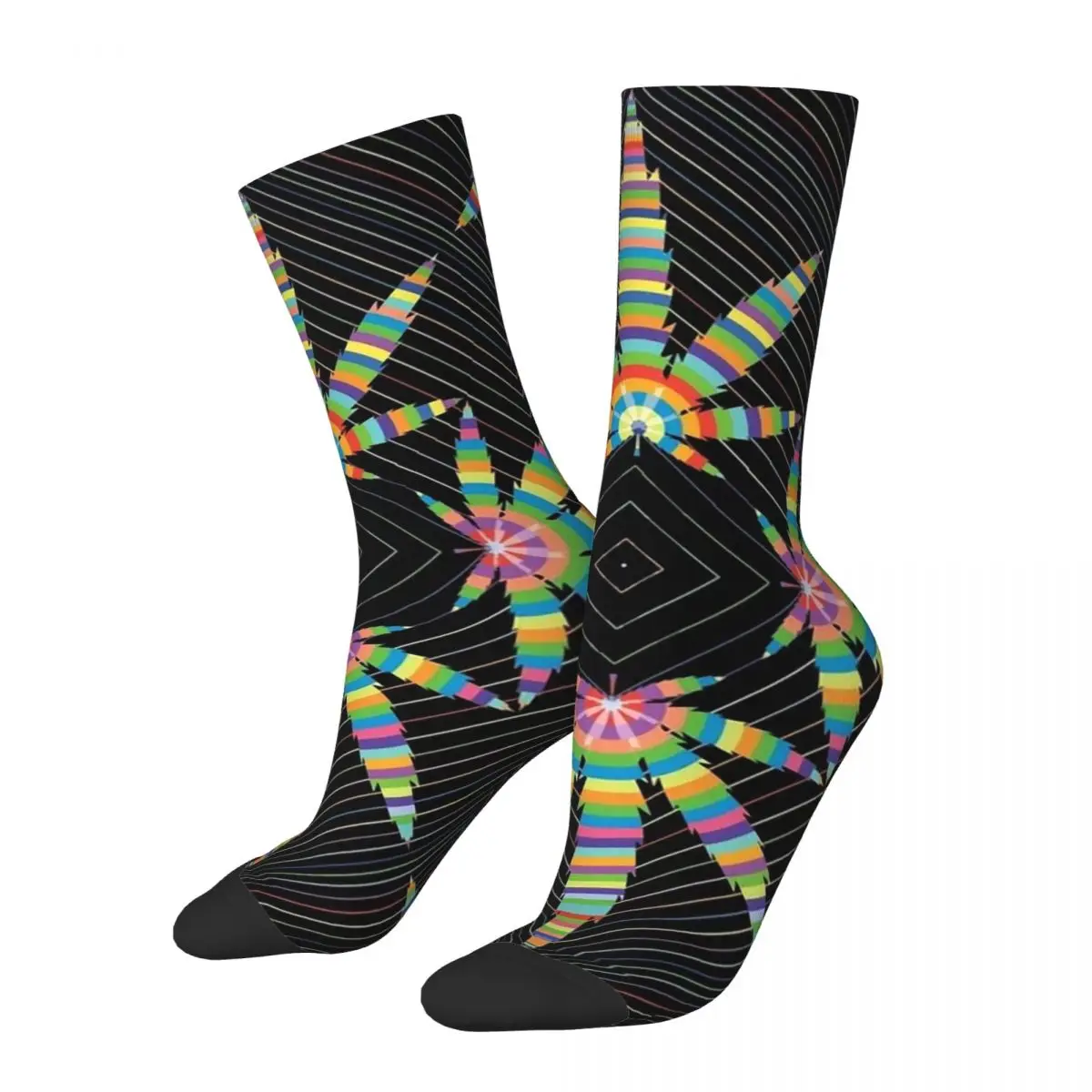 

Retro Colorful Psychedelic Trippy Marijuana Leaves Seamless Ornament Men's Socks Weed Leaf Unisex Novelty Printed Crew Sock Gift