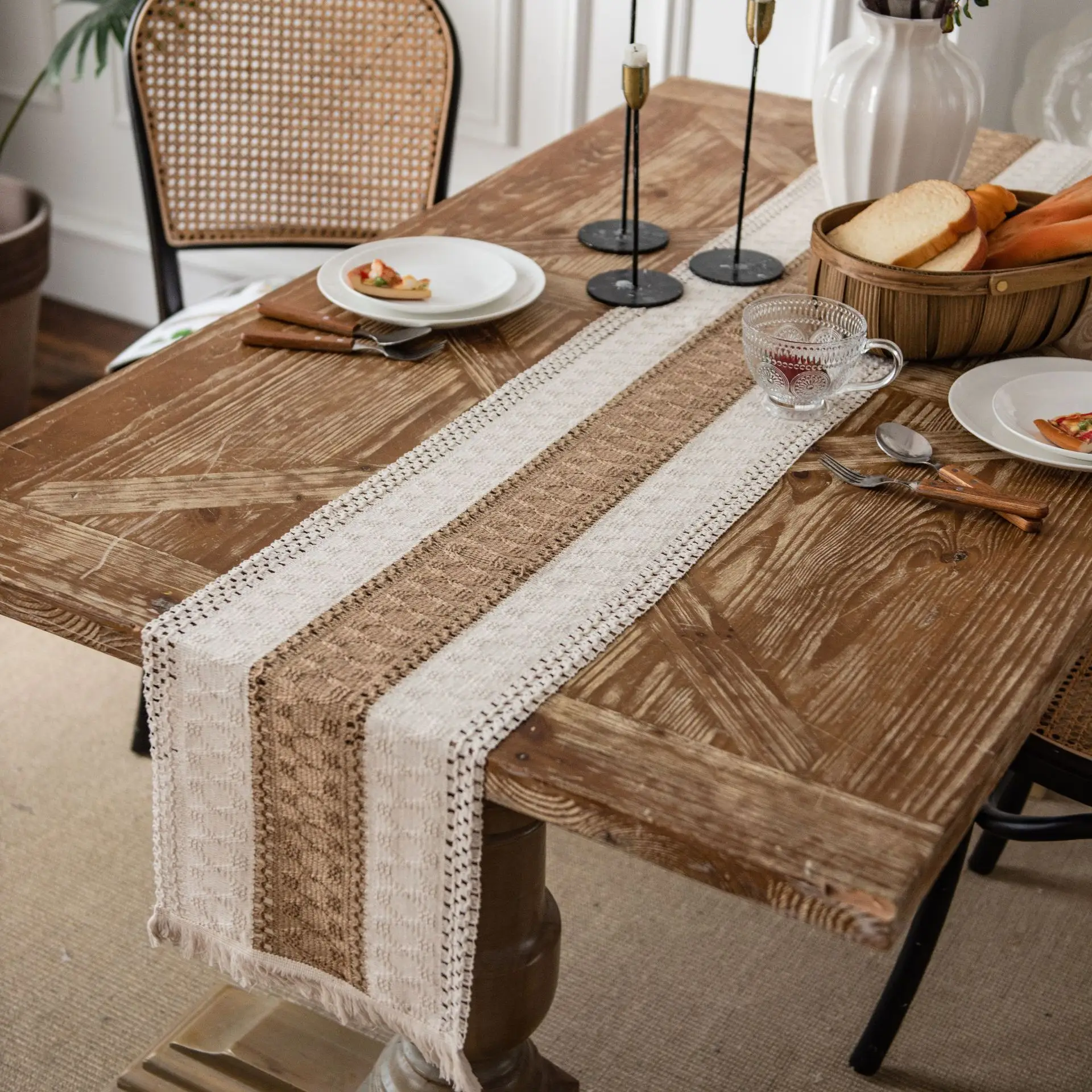 

Cotton Linen Tassel Table Runner Striped Stitching Woven Wed Dinner Decoration Table Flag Home Coffee Tea Tabl Decor Textile