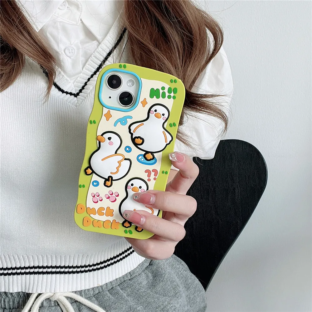 

Cute 3D Korea Doubt Duck Phone Case For iPhone 11 12 12Pro 12ProMax 13 14 14Pro Max Soft Silicone Rubber Relive Stress TPU Cover