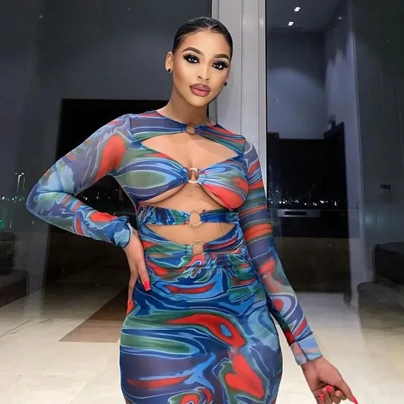 

2022 new round neck long sleeve sexy hollow slim print Hip Wrap Dress