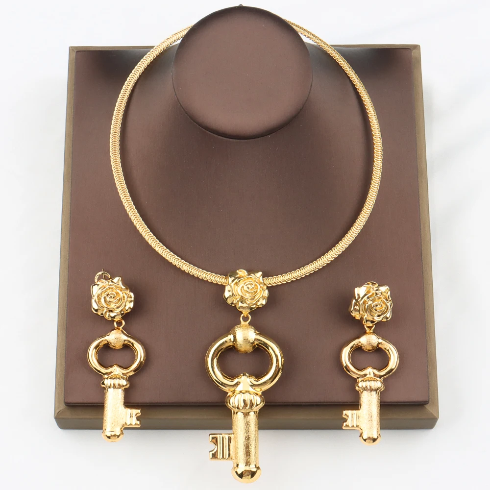 

African Gold Color Jewelry Sets Fashion Key Cross Pendant Earrings Necklace Set For Women Bridal Weddings Party Anniversary Gift
