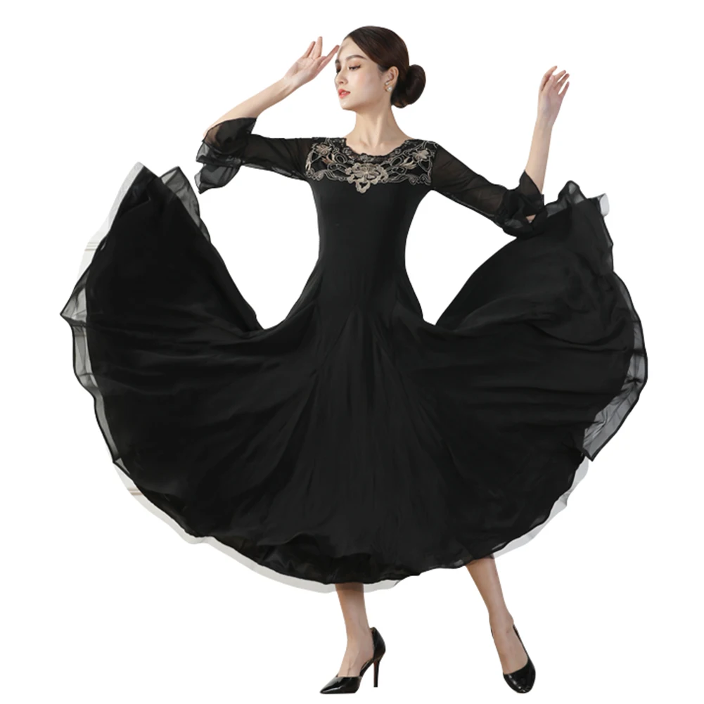 

Black Ballroom Dance Dresses American Smooth Dress Tango Waltz Dress Women Trumpet Half Sleeves Ballroom Dance Costume