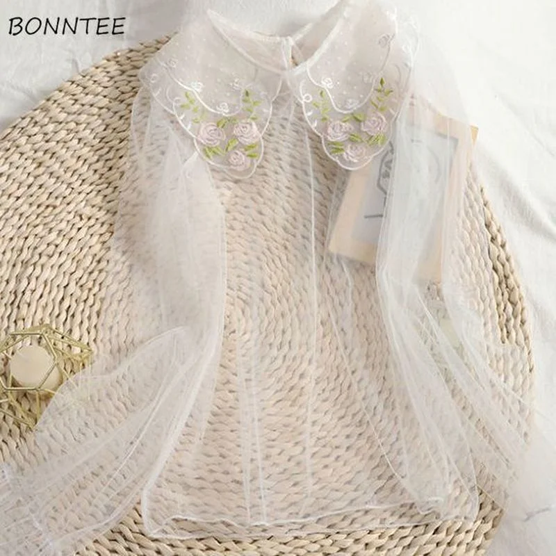

Blouses Women Sheer Sweet Summer Light Soft All-match Embroidery Design Thin Lovely Mujer Popular Hot Sale Ulzzang Leisure Tops