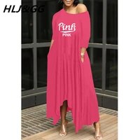 hljgg summer long sleeve loose long dresses women thin pink letter print irregular dress female casual off shoulder vestidos