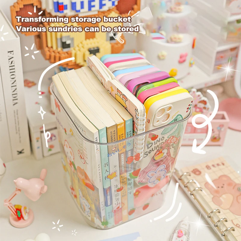 

With Sticker Plastic Storage Bucket Fashion Desktop Trash Can Cartoon Storage Bucket Transparent Home Desktop Small Trash Can