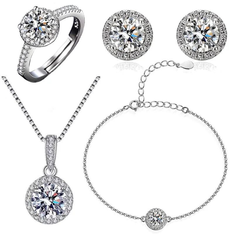 

Женский комплект украшений из серебра 925 пробы, блестящий браслет, серьги, кольцо, ожерелье, бриллиант, изысканная бижутерия в подарок