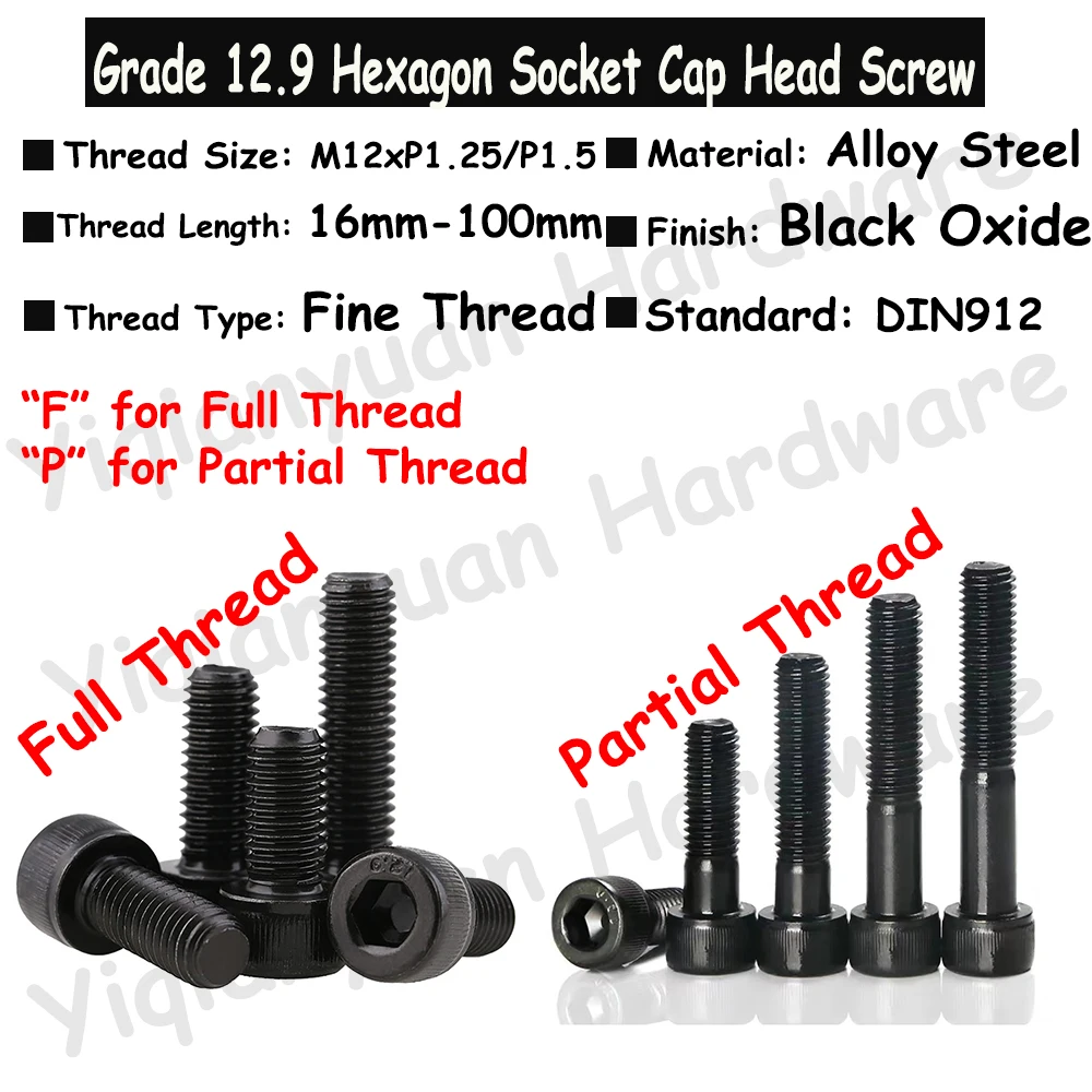 

1Piece~3Pcs DIN912 M12xP1.25/P1.5 Fine Pitch Thread Grade 12.9 Alloy Steel Hexagon Socket Knurled Cap Head Screw Allen Key Bolts