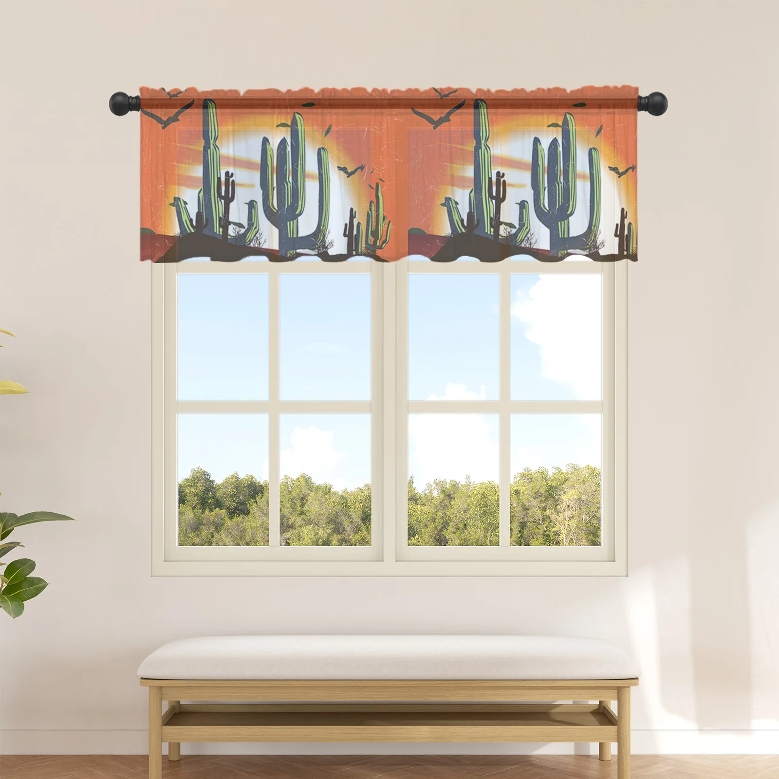 

Cactus Desert Sunset Sheer Curtains for Kitchen Cafe Half Short Tulle Curtain Window Valance Home Decor