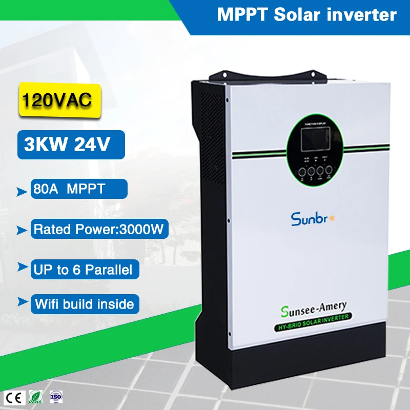 

AC output: 120Vac 3000W 24VDC Pure Sine Wave Hybrid Off Grid Solar Inverter for air conditioner High frequency