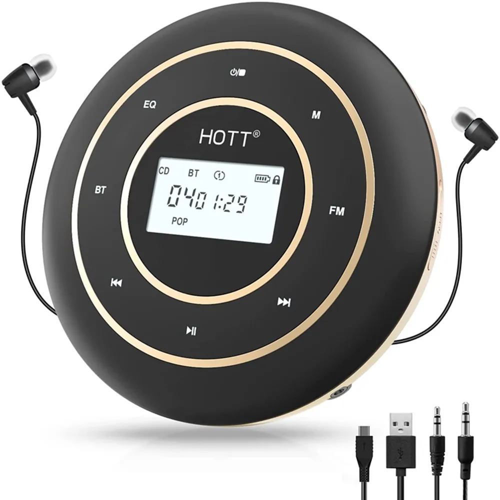 Hifi Bluetooth 5.0 And Fm Transmitter Rechargeable Stereo Cd Players Touch Vibration Button With Headphones