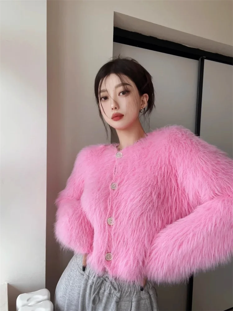 

Imitation Mink Fleece Knitted Cardigan Women's Sweet Pink Short Sweater Outwear 2023 Autumn/Winter New French Style Fuzzy Coat