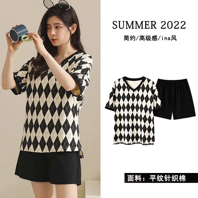 

Pajama Sets 2022 New Summer Pajamas Women's Cotton Pijama V-neck Short-sleeved Shorts Suit Sets Large Size Home Wear Loungewear