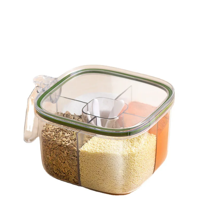 

One-piece kitchen seasoning box moisture-proof seal with lid and spoon to store seasoning bottles and cans