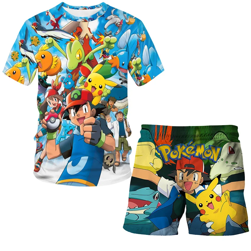 

3D Fashion Children's Clothing Pokemon T Shirt Set Kids Cartoon Tops+Shorts Sports Suit Pokémon 4-14 Years Summer Casual Costume