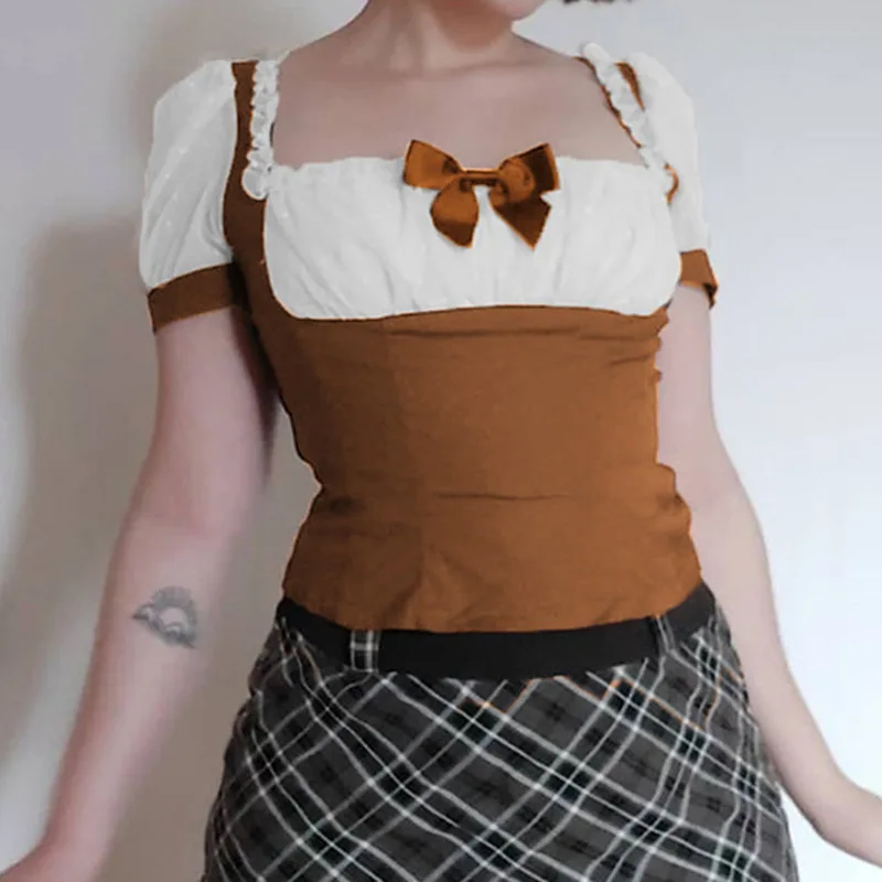 

Mall Goth Dark Lolita Kwaii Bow Up Women Sweet T Shirts Harajuku Short Sleeve Lace Crop Tops Gothic Colors Match Summer Shirts