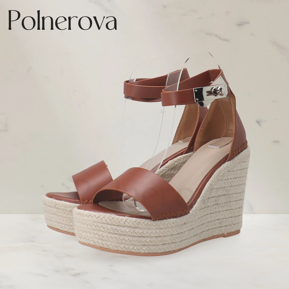 Designer Concise Style Espadrilles Solid Color Leather Wedge Sandals Metallic Buckle Platform Summer Shoes Custom Color Sandals