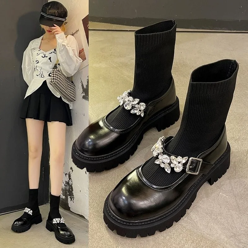 

Leather Socks Boots Martin Boots Women's 2022 Autumn and Winter Women's Shoes Thick Sole Single Boots Mary Jane Shoes Gothic