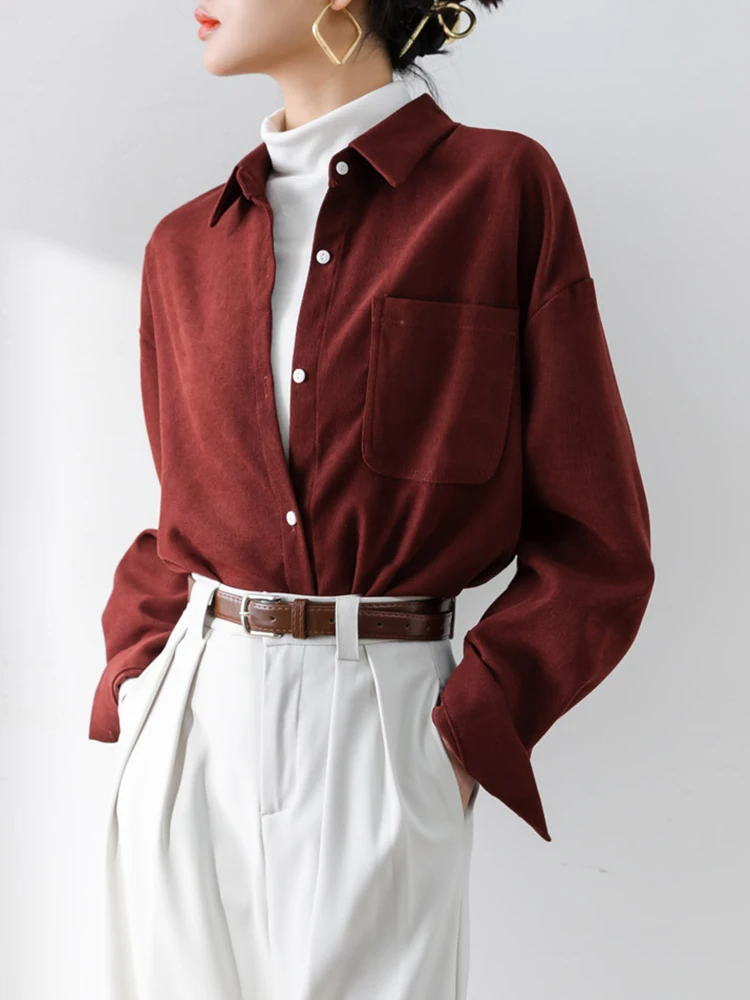 Вельветовая рубашка в стиле ретро женская однобортная блузка с отложным