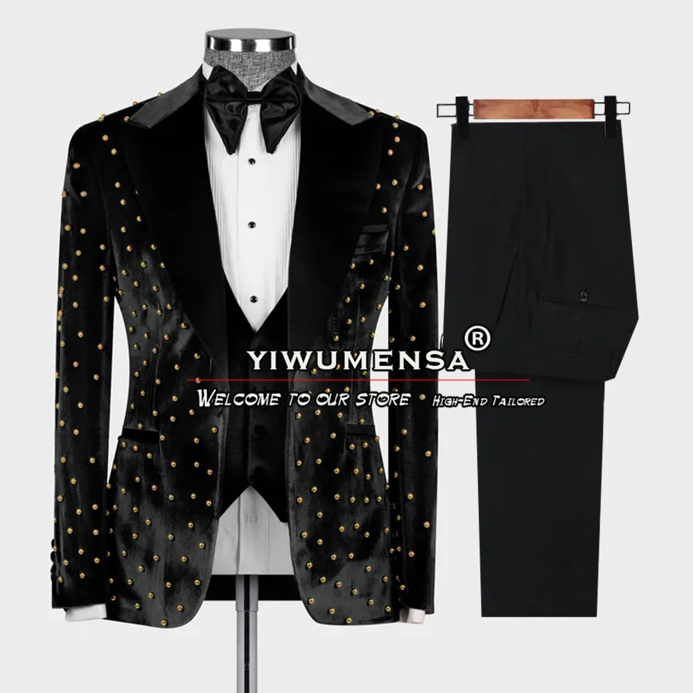 Slim Fit Male Fashion Gold Pearls Blazer Tailore Made 3 Pieces Formal