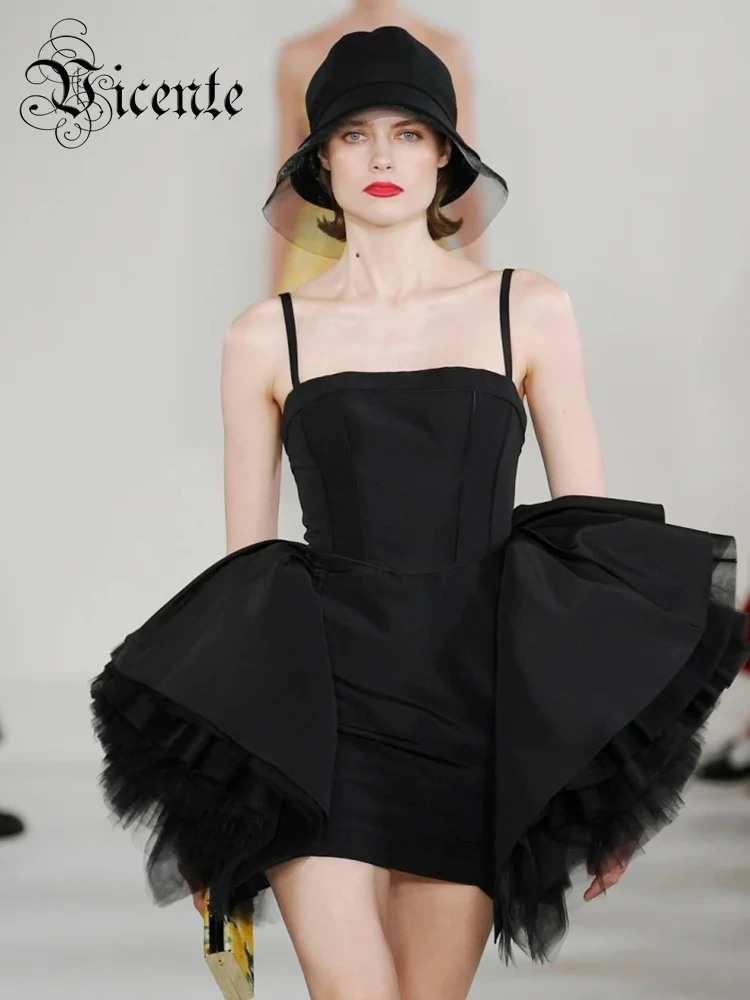 VC Black Ruffle Sleeveless Satin Mini Slip Dresses For Women 2023 New Ins Hot Sale Outfit Club Party Birthday Elegant