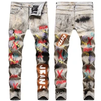 mens spring and autumn new retro black tie bleaching dyeing nostalgic pigment hot stamping color painting printing youth jeans