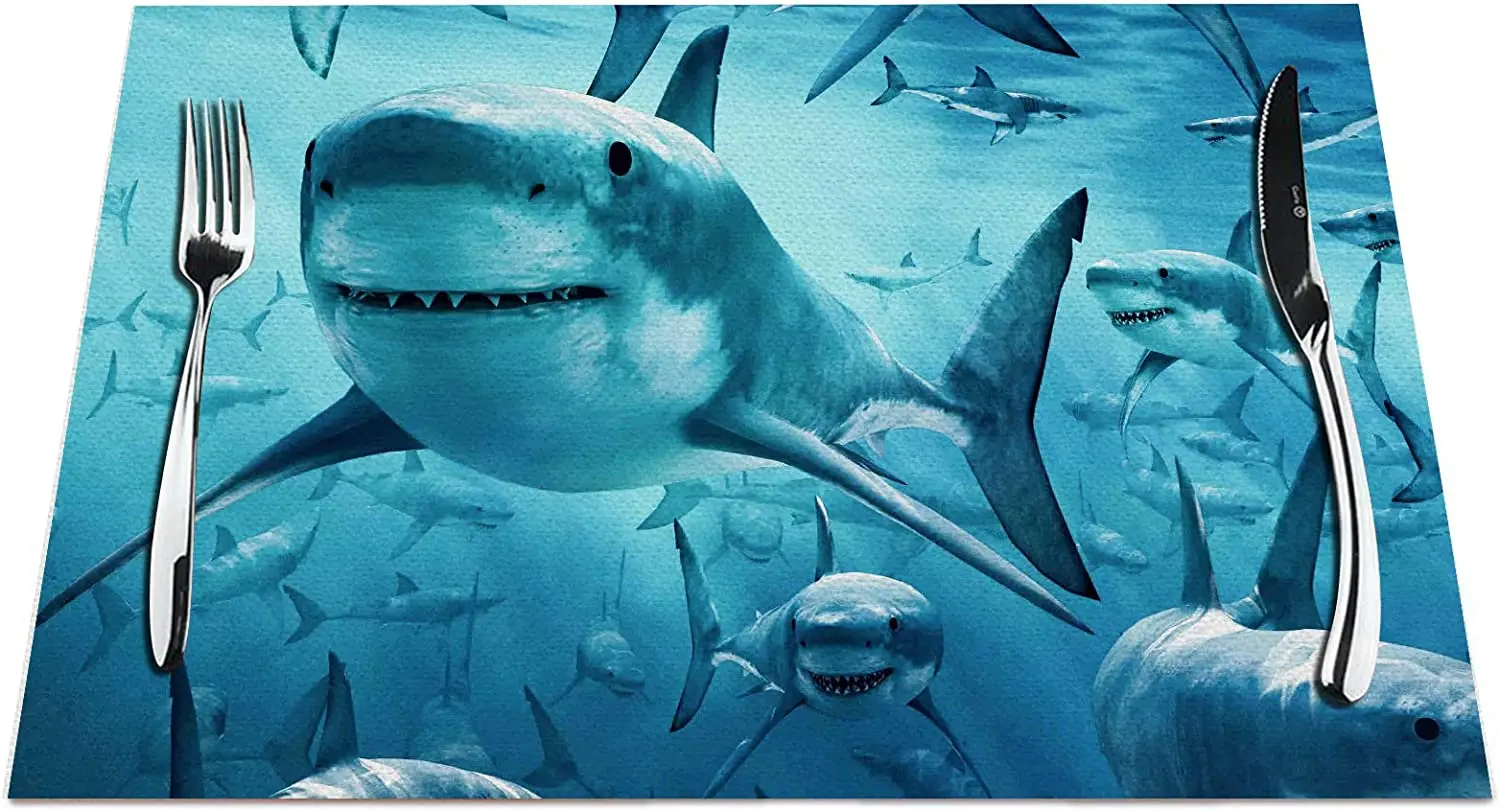 

Shark Placemats Set of 4, Huge Shark Under Sea Placemats Heat Resistant for Dining Table Non-Slip 18x12 Inches