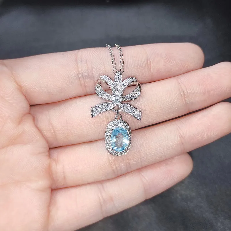 

New Natural Sky Blue Topaz Butterfly Pendant Female Genuine 925 Sterling Silver 45cm Necklae Pendant Jewelry Box