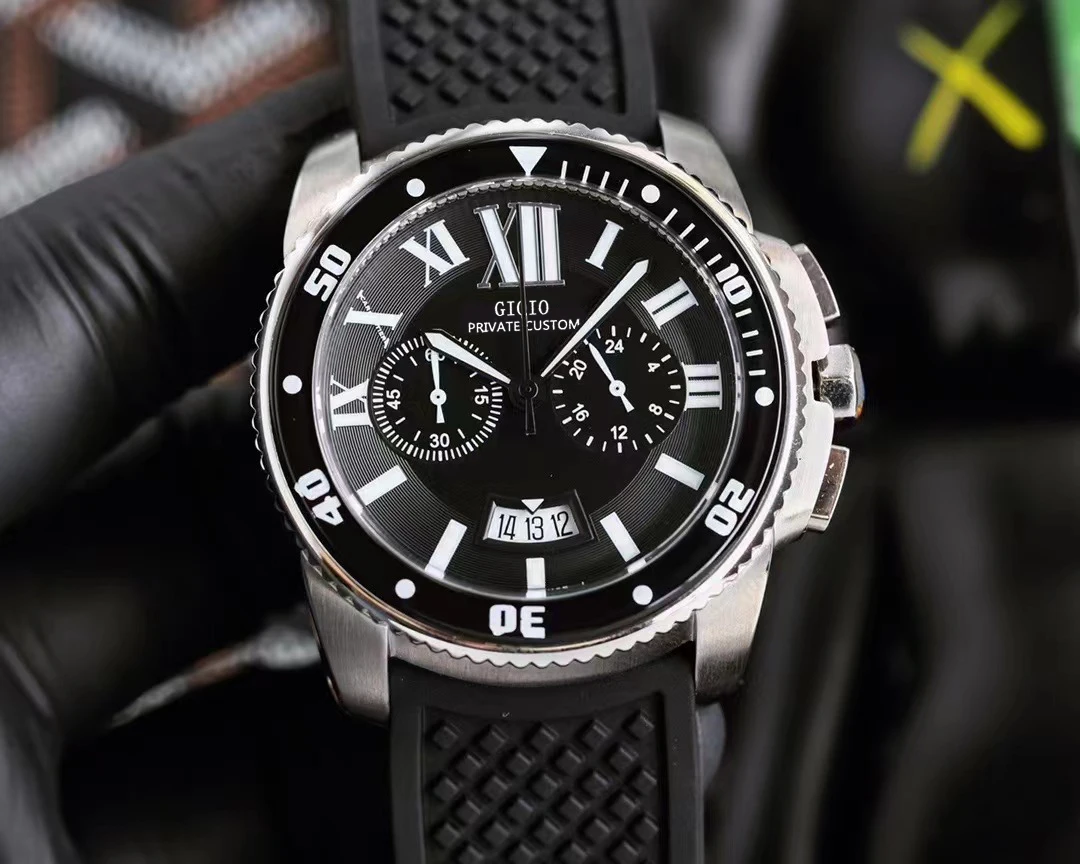 

42mm High Quality Mens Quartz Chronograph Watch Stopwatch Black Rubber Rose Gold Stainless Steel Luminous Sapphire Calendar