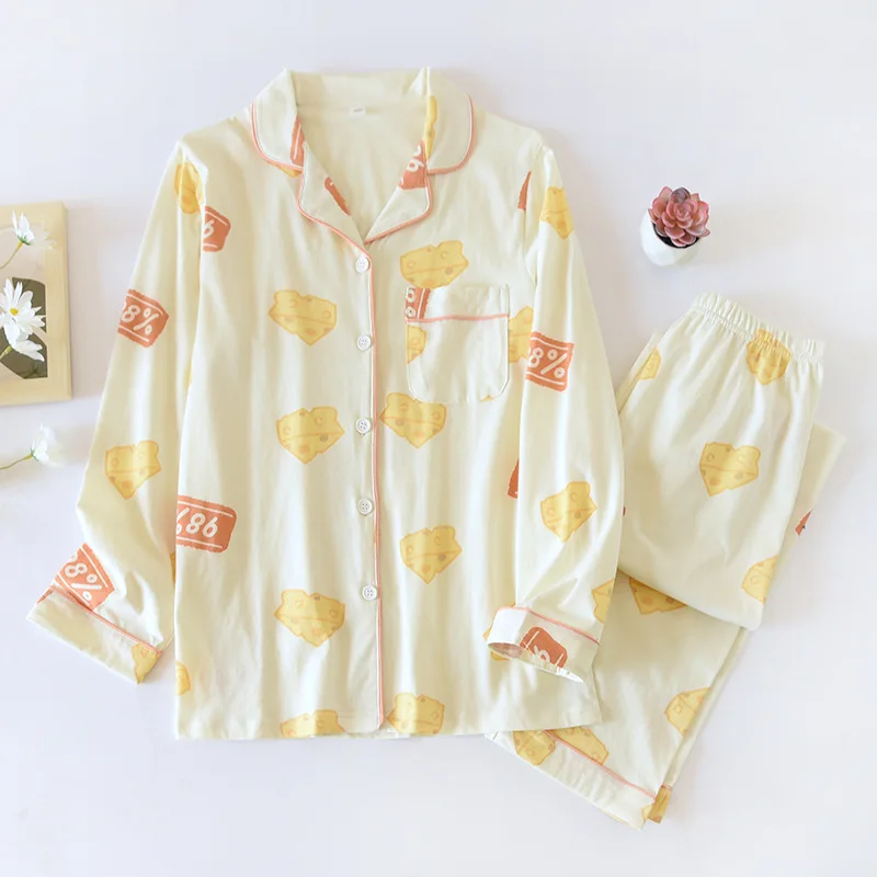 New Cute Women Girls Pure Cotton Pajamas Set Turn Down Collar Cartoon Lovely Spring Sleepwear Set Pajama For Female