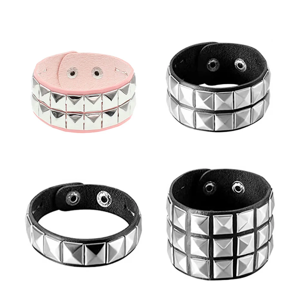 Black Leather Goth Square Washer Rivet Bracelet Cuff Wristband Gothic Punk Bracelets For Armbands Men Women