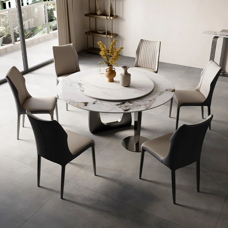 

Rock dining table luxury high-end embedded turntable designer silent wind luxury stone light rock dining table and chair