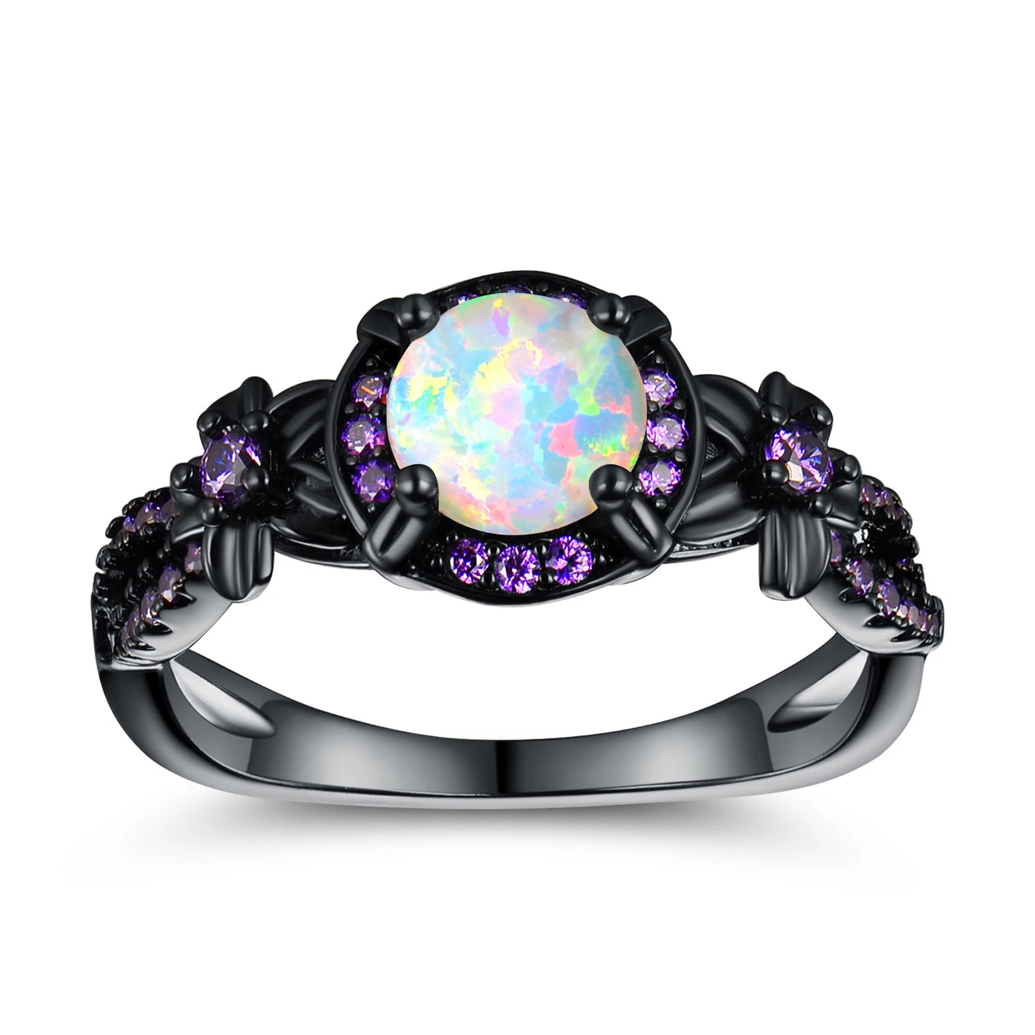 

GEMSME Back Gun Plated Rings Synthetic White Opal Created Amethyst Engagement Finger Ring For Women Jewerly Size 5-10 US