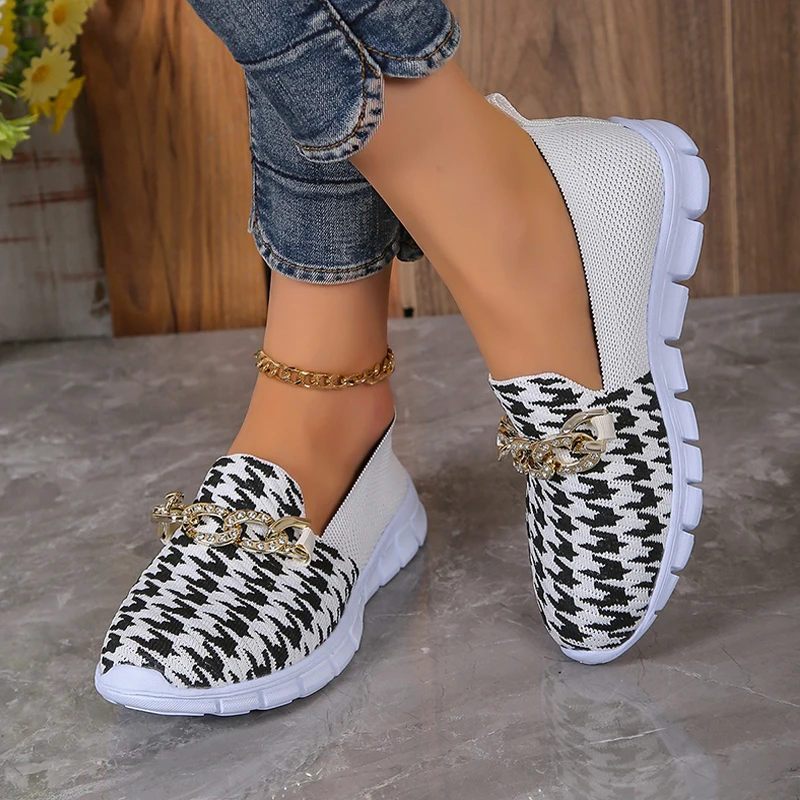 Houndstooth Loafers Woman Luxury Rhinestone Chain Buckle Moccasins Ladies Summer Breathable Knitted Slip-on Sneakers Plus Size