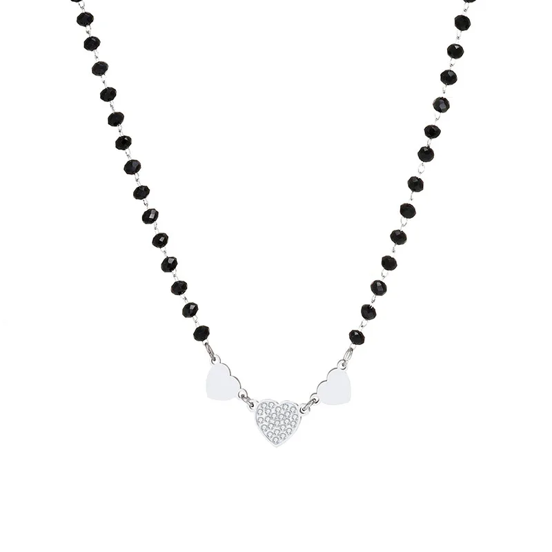 NINGAN Women Hearts Pendant Necklace with Black Zircon Stone Knot Chain New Fashion Jewelry Gift