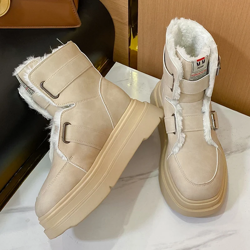 STRONGSHEN Women Snow Boots Winter PU Plush Warm Ankle Boots Female Slip On  Casual Botas Mujer High Top Ladies Cotton Shoes