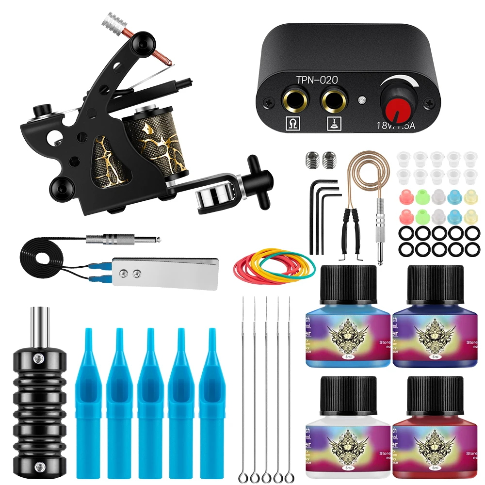 

Starter Tattoo Machine Gun Set with Tattoo Power Supply Permanent Ink Pigment Needles Beginner Full Complete Tattoo Supplies Kit