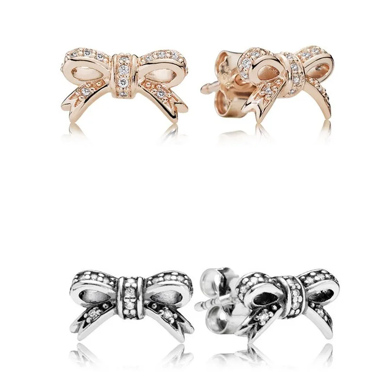 

Original Sparkling Rose Bow With Crystal Stud Earrings For Women 925 Sterling Silver Wedding Gift Fashion Jewelry