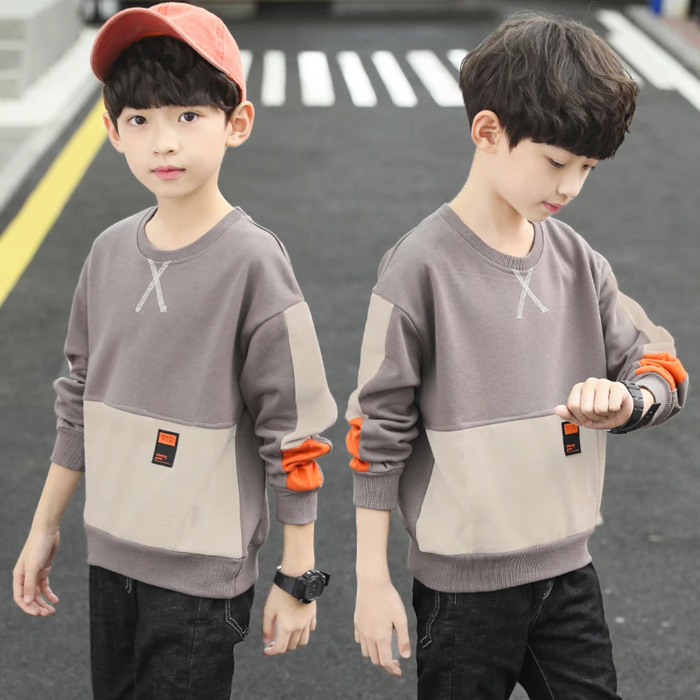 

Boys Hoodless Sweatshirts 4-12y New Korean Spring and Autumn Splicing Fashion Long-sleeved T-shirt Boys Casual Sports Sweater
