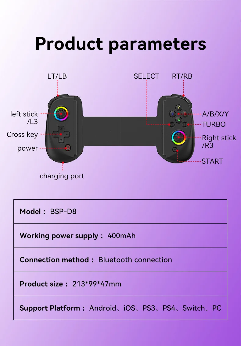 Стрейчевый геймпад D8 выключатель для планшетов с синими зубьями