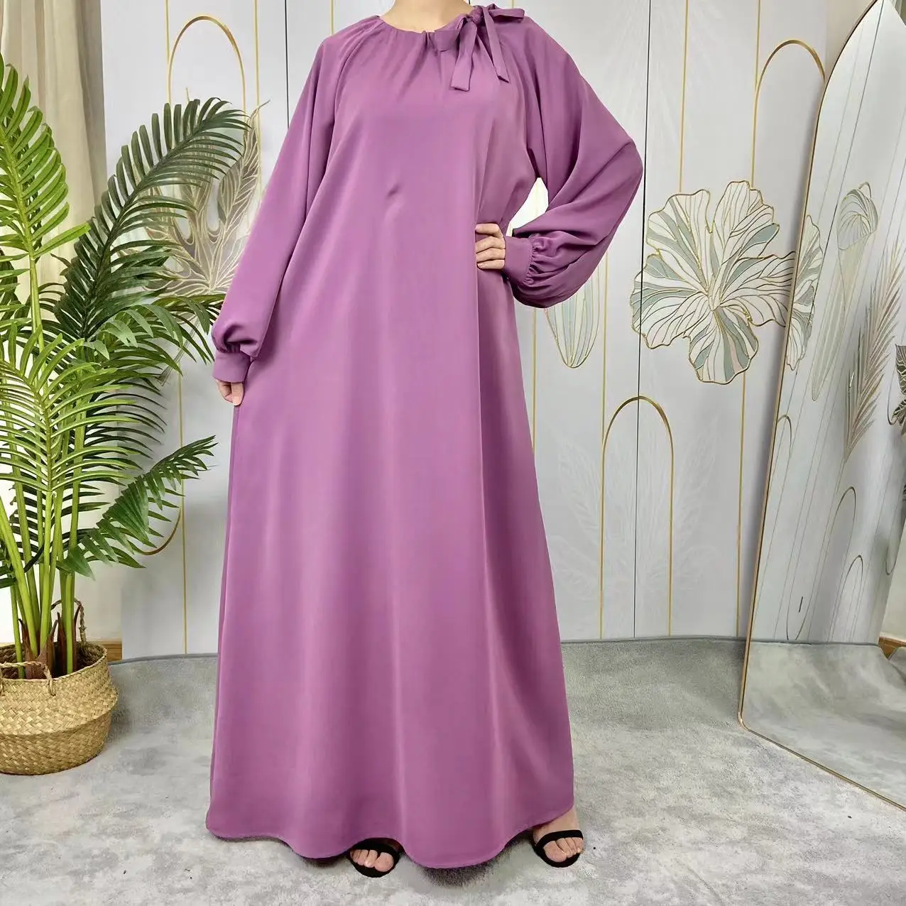 Sleeves Abaya Dress With Belt Muslim Fashion Islam Clothing Dubai Plain Loose Abaya Dress