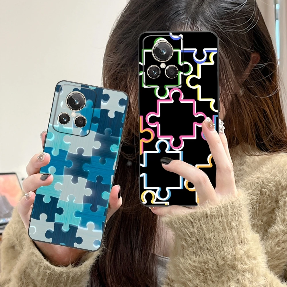 Puzzle Pretty Fashion Mobile Cell Phone Case for Realme GT 2 9i 8i 7i Pro X50 X2 C35 C21 C20 C11 C3 Black Soft Cover Shell