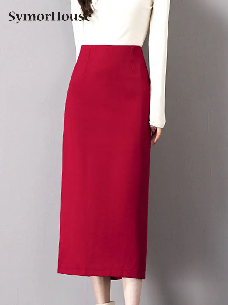 

Юбка женская прямая офисная с высокой талией, Модная элегантная красная юбка с запахом, с разрезом на спине, весна-лето-осень