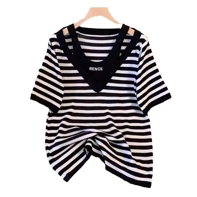 Двухсекционный вязаный топ из ледяного шелка в полоску больших размеров летний