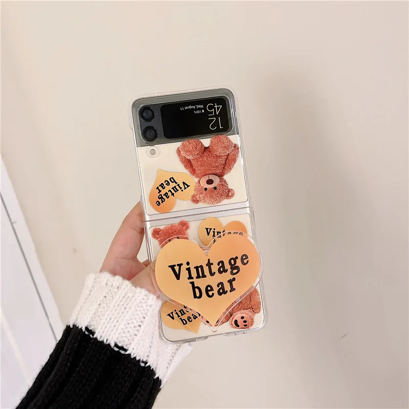 

Vintage Bear Phone Stand Transparent Case for Samsung Galaxy Z Flip 3 5G Hard PC Back Cover for ZFlip3 Case Protective Shell