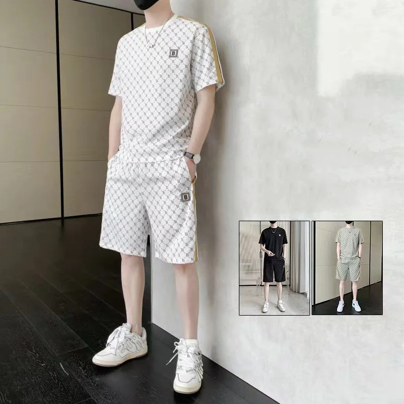 Men's Summer New Casual Ice Silk Suit Men's Trendy Handsome T-Shirt + Shorts Sports Two-Piece Suit Fashion Printed Suit