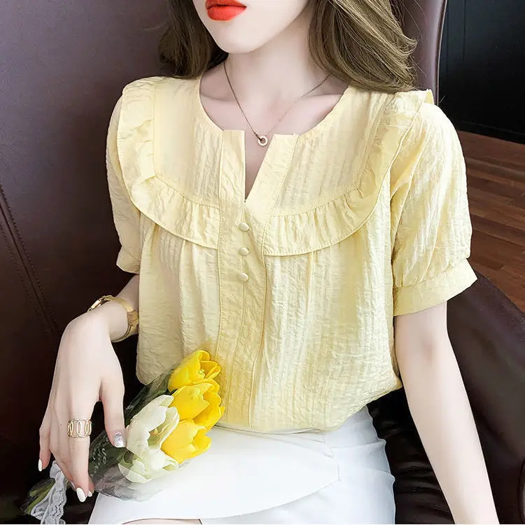 Женская шифоновая рубашка с коротким рукавом и V-образным вырезом