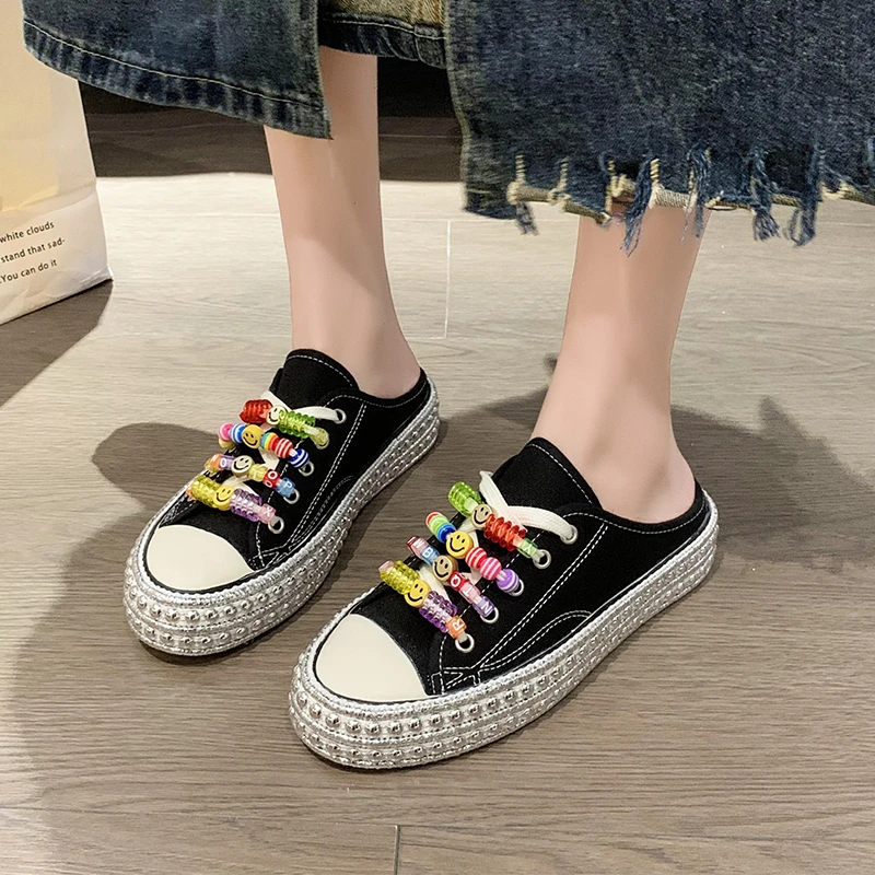 

High Quality Women's Mules Casual Fashion Luxury Slippers Designer Cross Strap Beaded Ladies Shoes Platform Rivet Canvas Slides