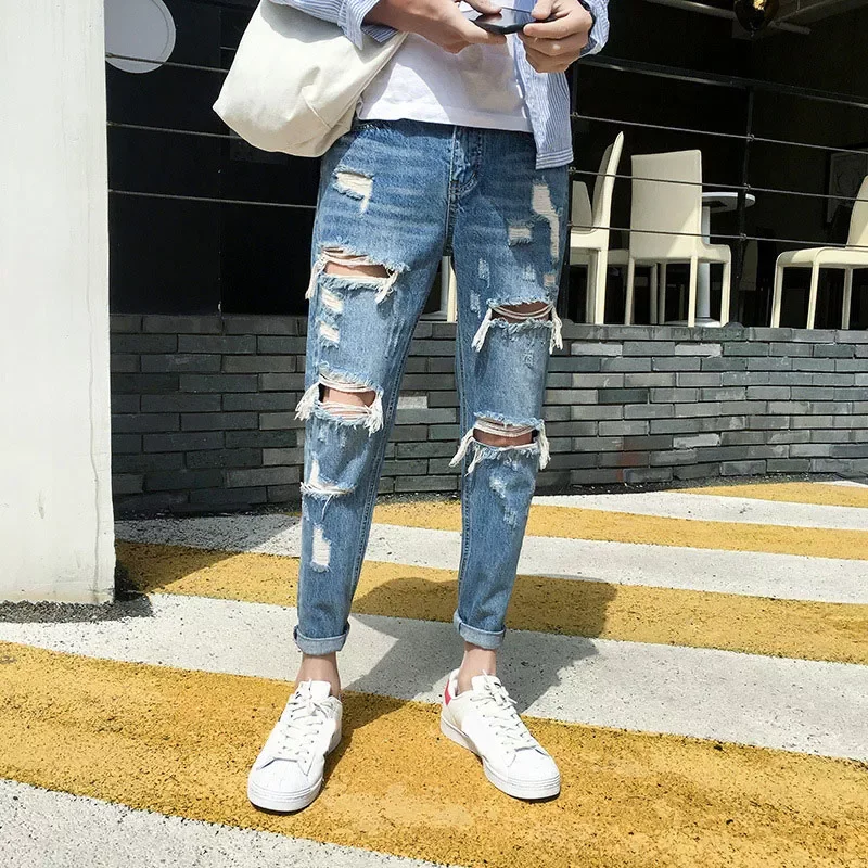 

New Skinny Jeans Men Streetwear Destroyed Ripped Jeans Homme Hip Hop Broken Modis Male Pencil Biker Embroidery Patch Pants